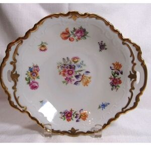 Vintage German Reichenbach Scalloped Gold Rim Floral Fruit Bowl